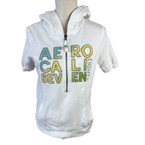Aeropostale‎ Y2K Short Sleeve Hoodie Sweatshirt Womens Sz M White Half Zip Vtg - Picture 1 of 13